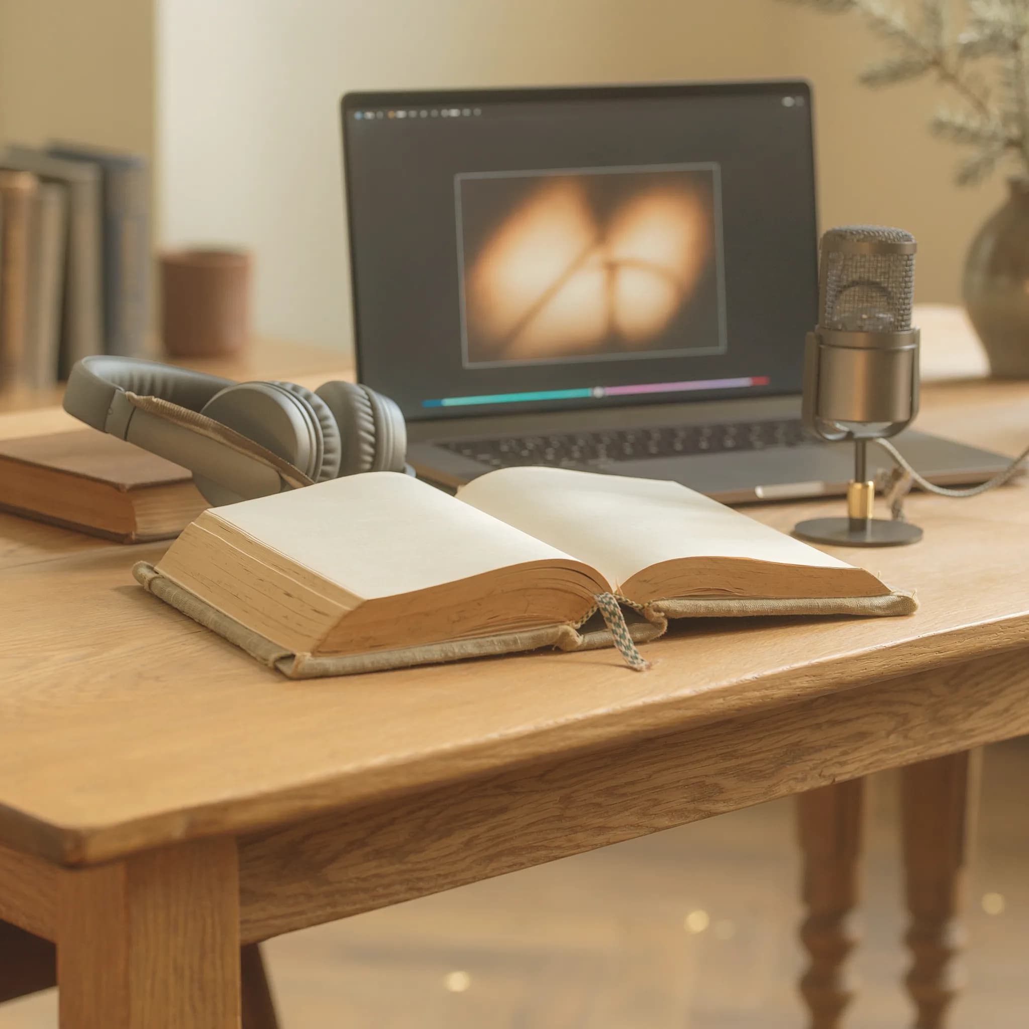 A video screen beside books, headphones, and a microphone on a warm wooden table.