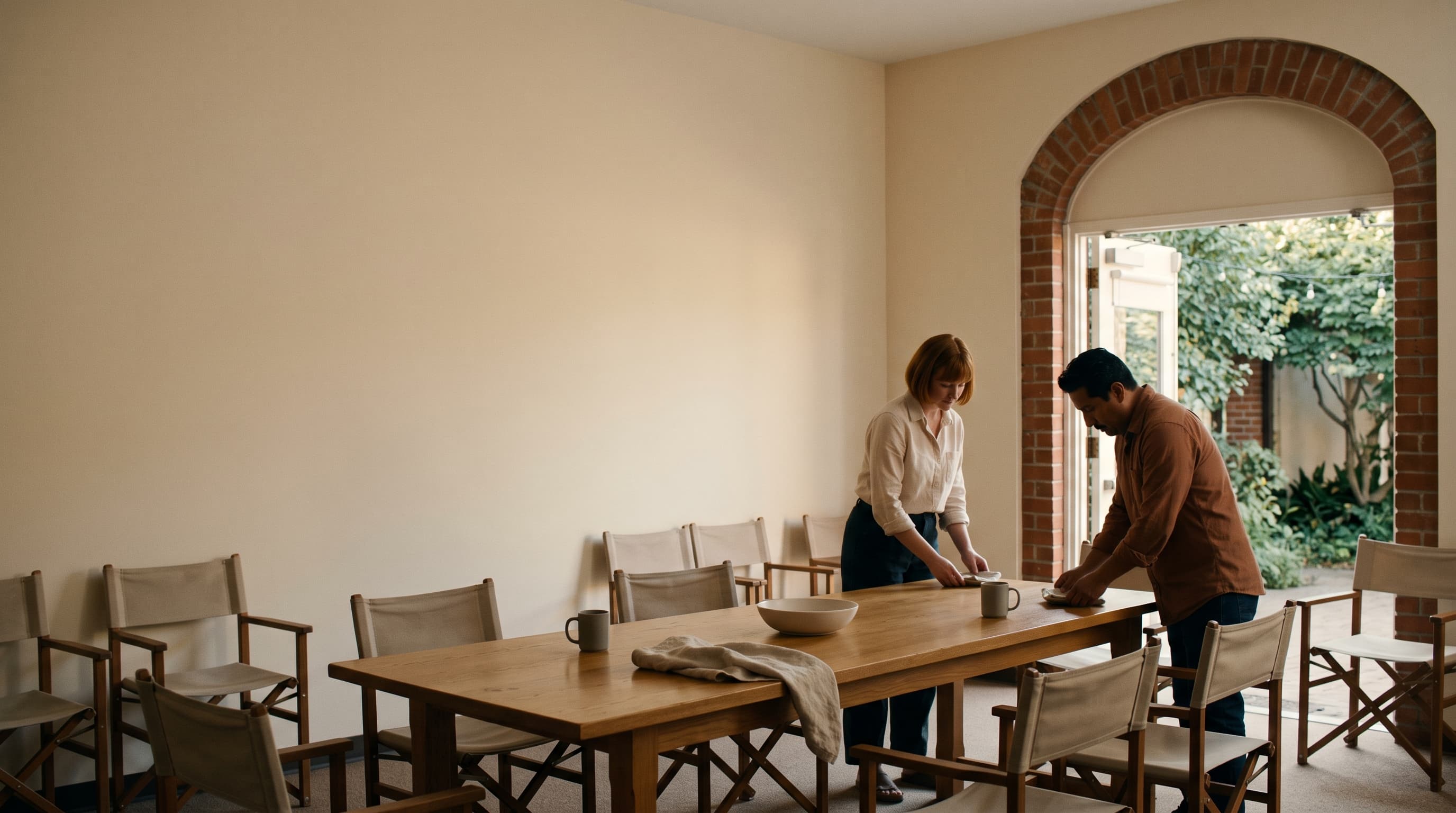 Two people clear a fellowship-hall table while one open place remains ready.
