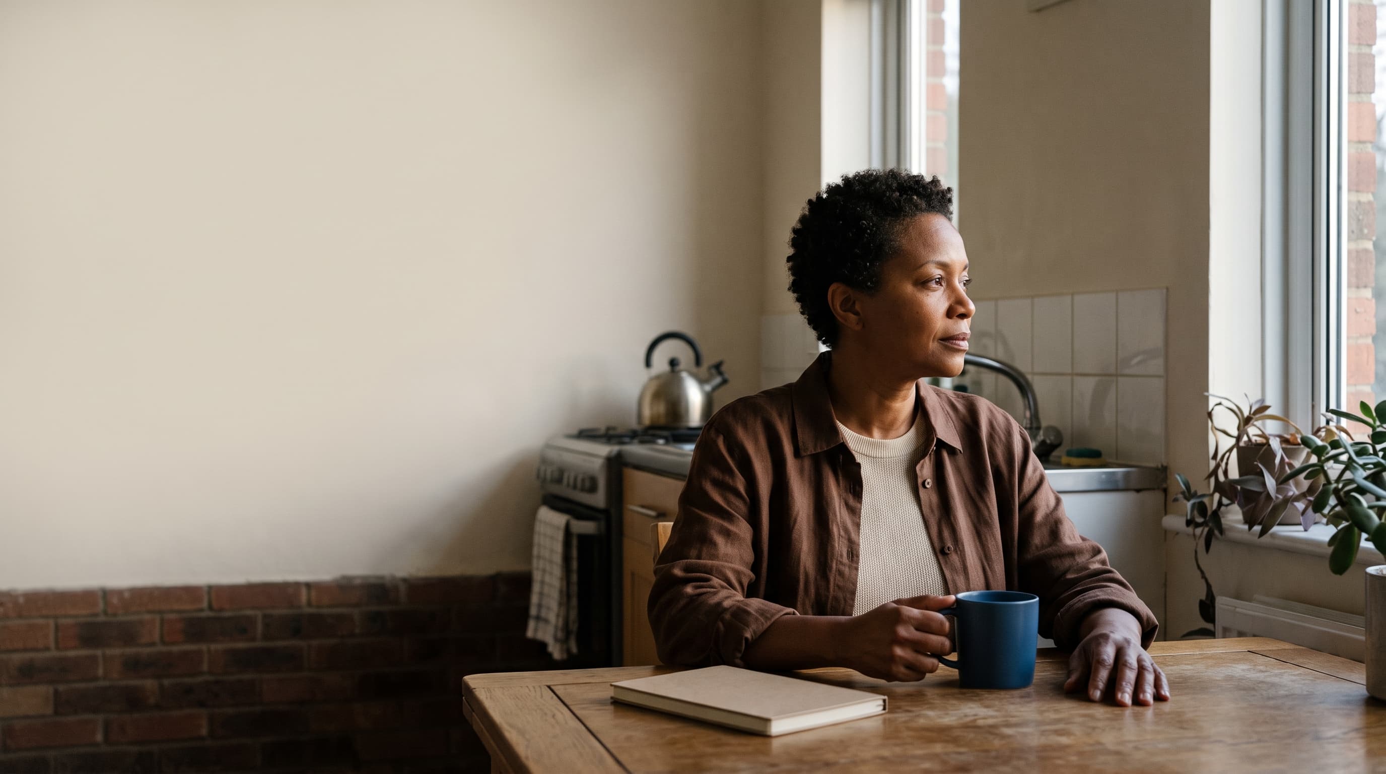 A church member sits at a quiet kitchen table in dawn light.