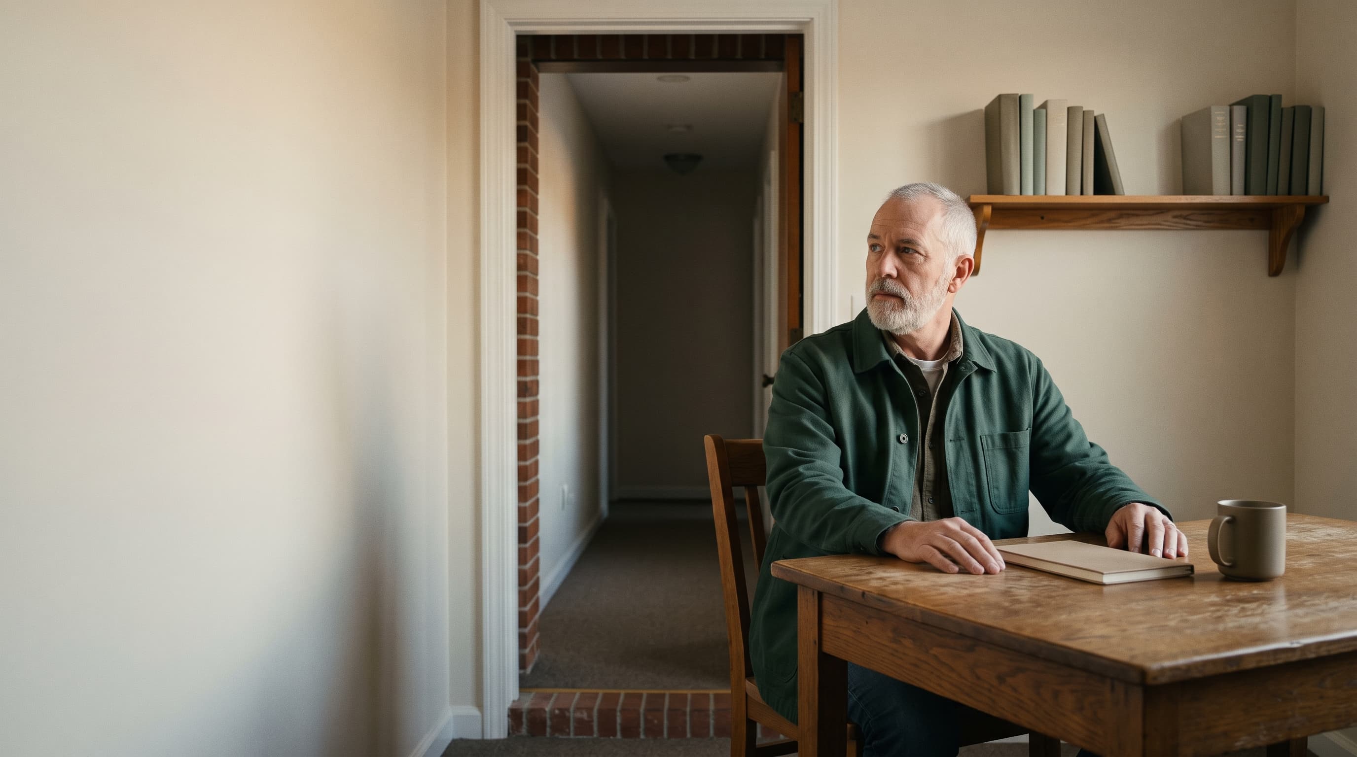 A pastor pauses in a quiet study as late-morning light reaches the table.