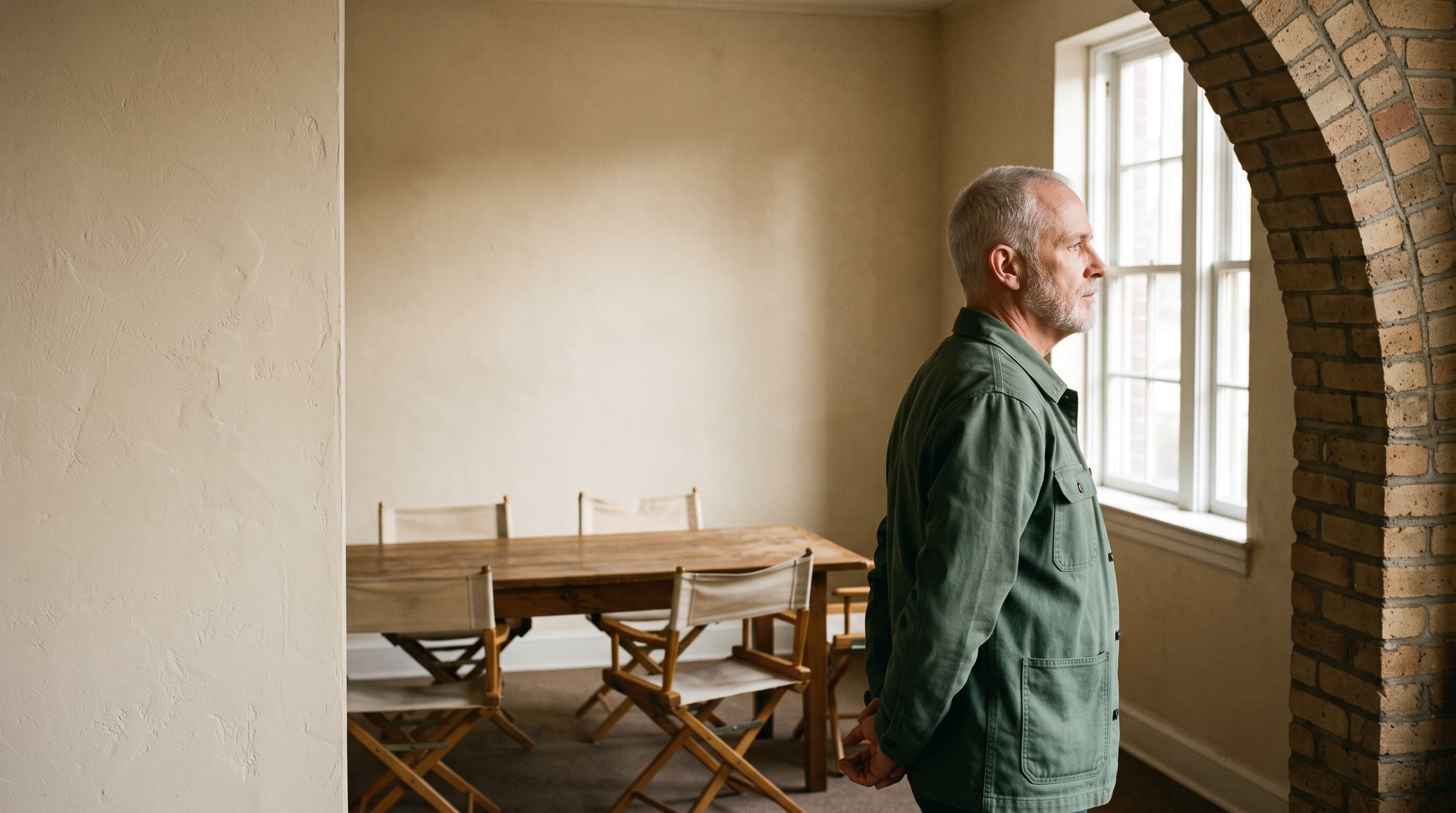 An elder pauses beside an empty meeting table, considering the limits of what can be known.